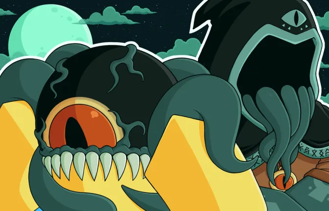 A teal tentacled creature with a single red eye and sharp teeth against a dark green sky