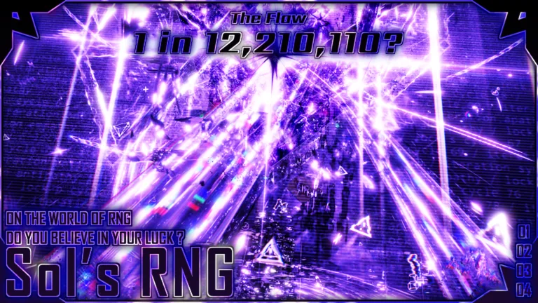 A purple aura scene full of light beams, titled The Flow with the odds 1 in 12,210,110 followed by a question mark