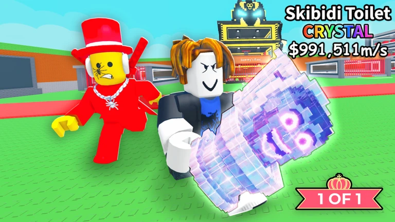 A red top-hat character next to an avatar holding a crystal-textured creature under a 1 OF 1 banner