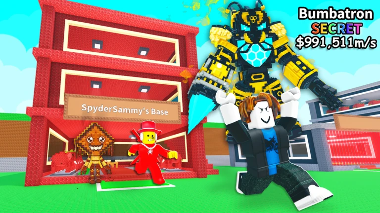 A blocky avatar stands under a red base sign reading SpyderSammy's Base while a giant yellow robot brainrot floats above