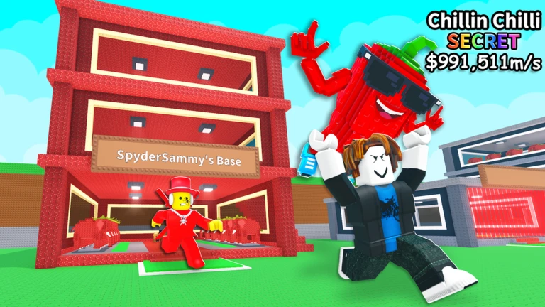 A red base with a red character in sunglasses standing in front and red brainrot creatures lined up inside
