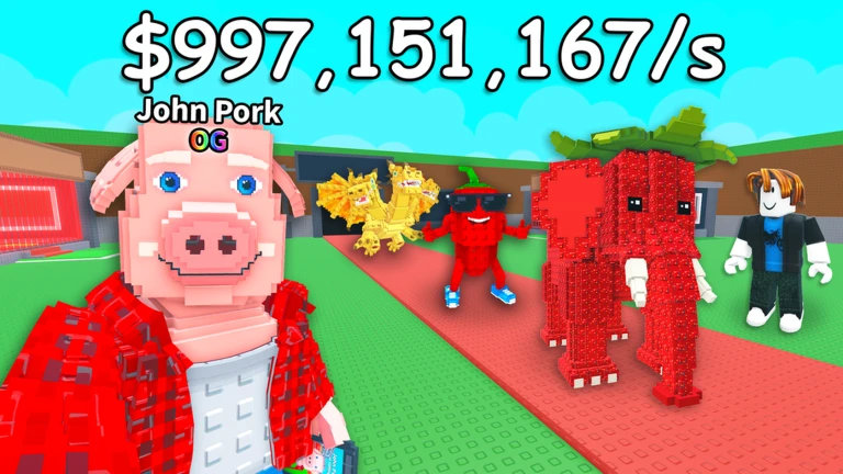 A pink pig character in the foreground with red creatures walking along a red path behind it