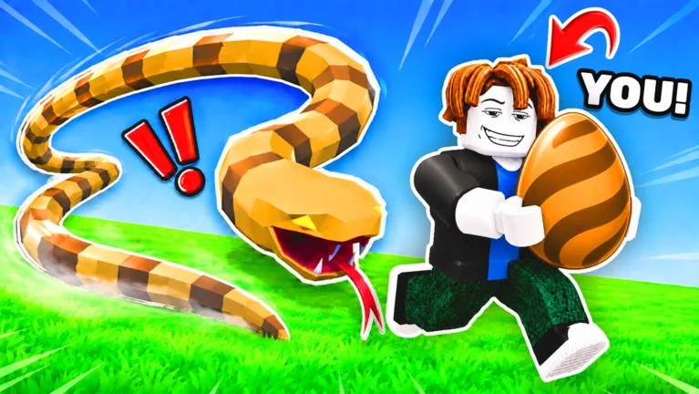 Steal An Egg thumbnail with a giant orange snake chasing an avatar who holds a striped egg