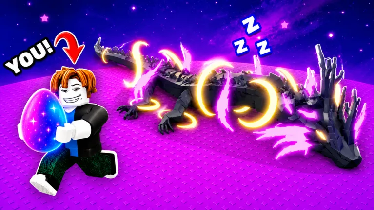 Steal An Egg thumbnail: an avatar holding a rainbow egg sneaks past a sleeping black dragon with glowing gold rings