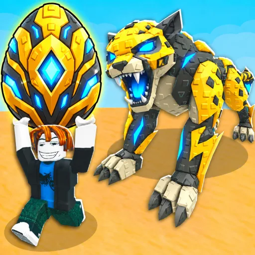 Steal An Egg game icon: an avatar lifts a blue and gold egg beside an armored yellow tiger
