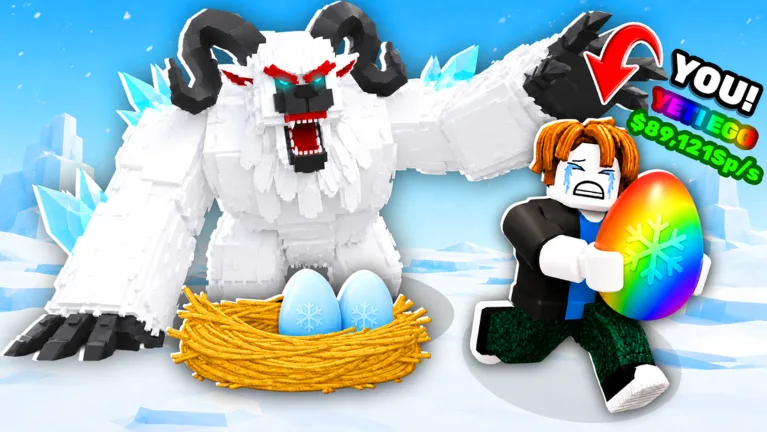 Steal An Egg thumbnail: an avatar runs off with a rainbow egg from a nest guarded by a roaring white yeti on ice