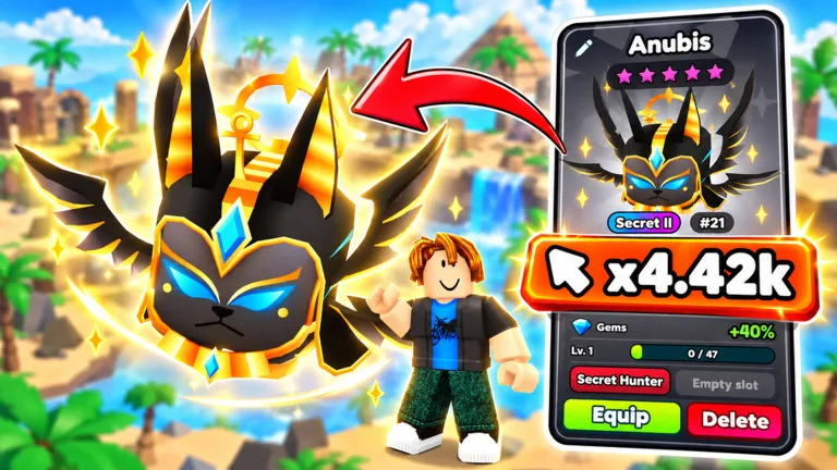 A black and gold winged Anubis pet glows beside a smiling Roblox avatar, next to a Secret II card showing a x4.42k tap multiplier