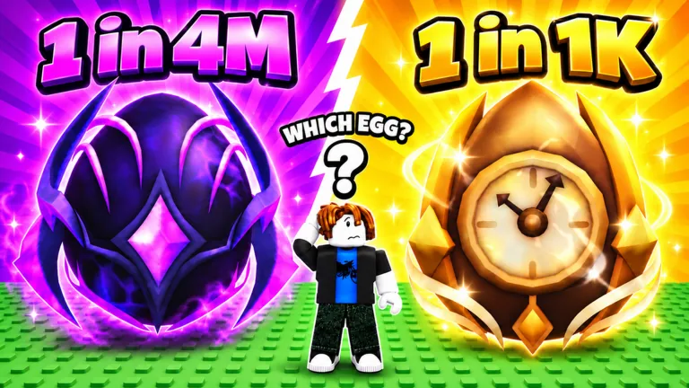 Two eggs side by side, a purple crystal egg labeled 1 in 4M and a golden clock egg labeled 1 in 1K, with a puzzled Roblox avatar asking Which Egg