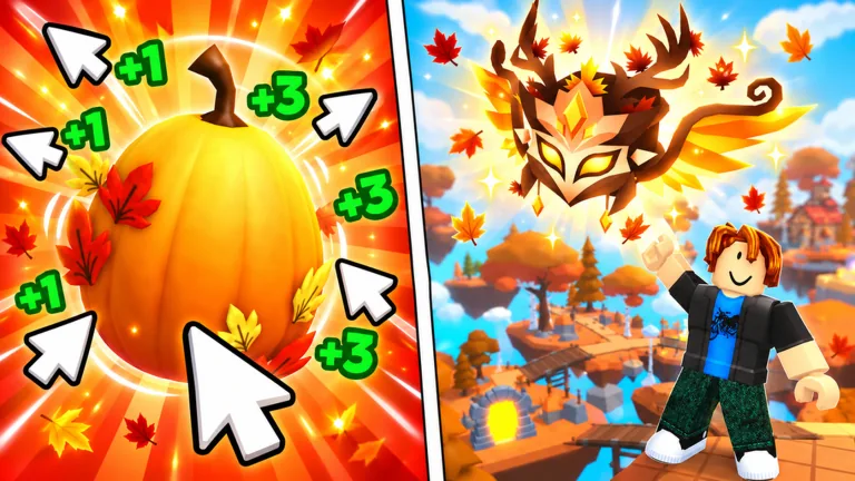 A Roblox avatar taps a huge orange pumpkin covered in +1 and +3 cursor icons, next to a floating autumn island with a winged golden mask pet