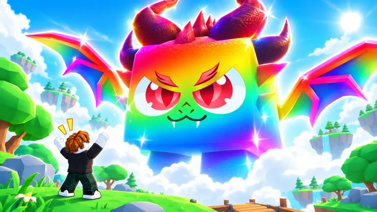 A giant rainbow dragon-cat with horns and bat wings looms over green hills while a small Roblox avatar throws up its arms