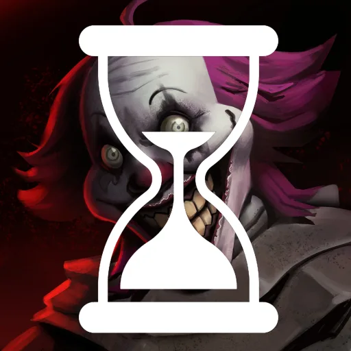 A pale clown-like face with pink hair and wide eyes under a white hourglass outline on a dark red background