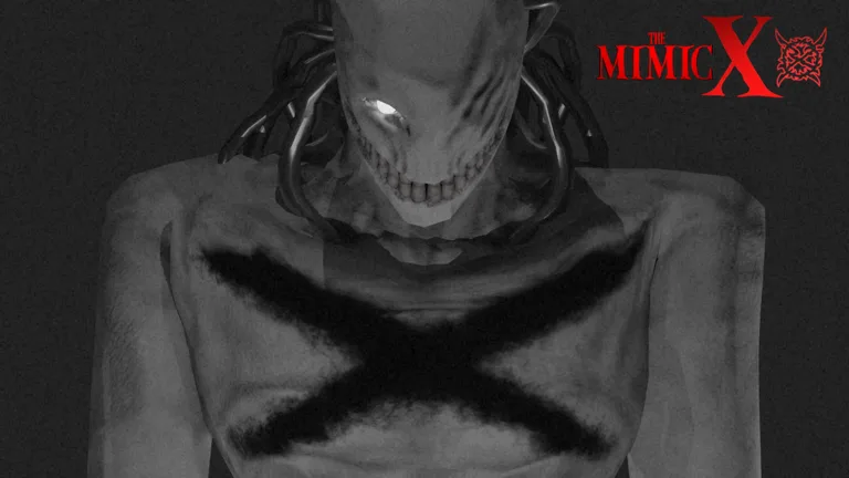 A grey monster head looms above a figure marked with a large black X, beside a red The Mimic X logo
