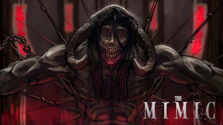 A horned, skull-faced figure with long black hair spreads its arms among chains and thin spikes, with red banners behind and The Mimic logo