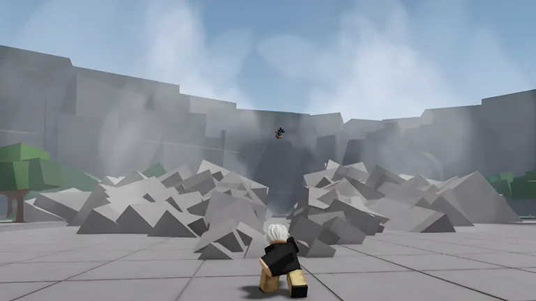 A fighter seen from behind faces a cloud of dust and broken grey rock in an arena