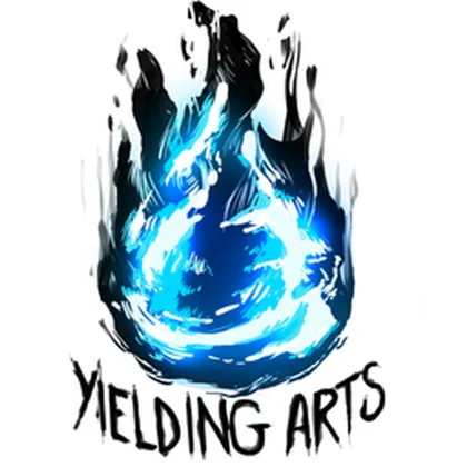 Yielding Arts logo: a swirling blue flame above hand-lettered words