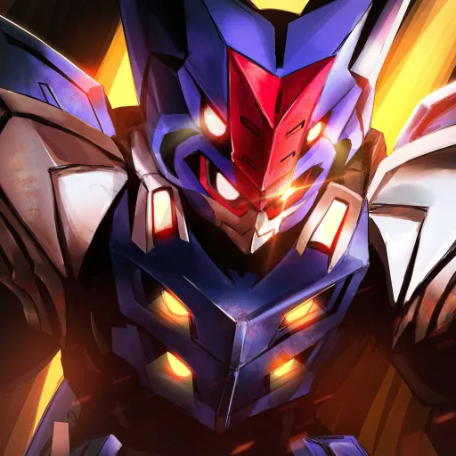 A blue armored robot face with glowing red eyes on an orange background