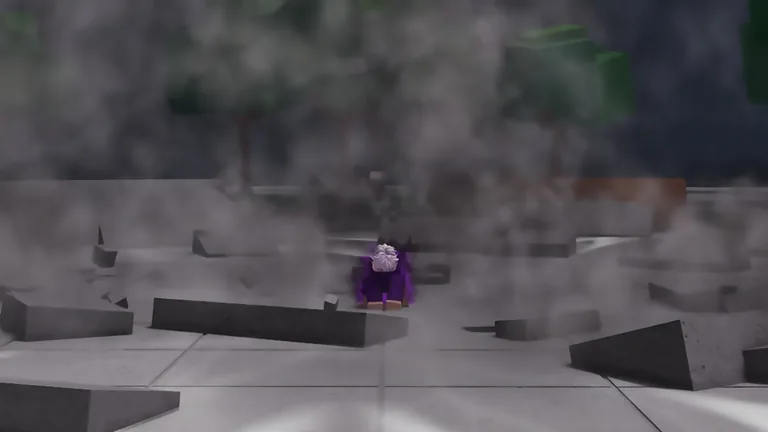A purple-haired fighter crouches in thick smoke among broken stone slabs