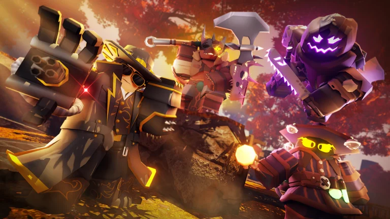 A purple hooded figure with a glowing jack-o'-lantern face looms over Roblox soldiers in an autumn battle