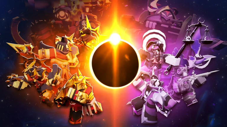 Gold and purple armored figures face each other across a burning eclipse in space
