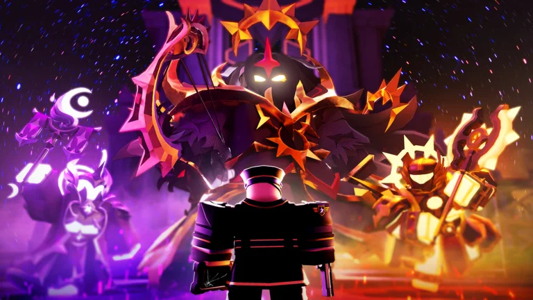 A dark figure with a red sun crown stands between a purple moon figure and a golden warrior, with a Roblox soldier seen from behind