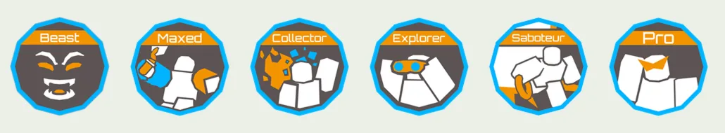 Six badge icons labelled Beast, Maxed, Collector, Explorer, Saboteur and Pro, each a blocky figure inside a blue and orange frame