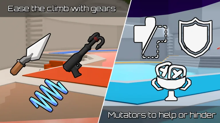 Shop art showing a trowel, a hook launcher and a blue coil on the left, and a shield, a dashed square and a trophy cup on the right, with the captions Ease the climb with gears and Mutators to help or hinder