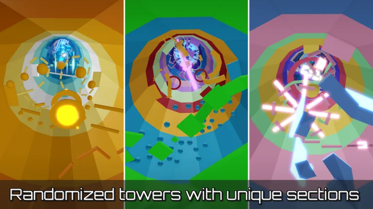 Three spiral towers in orange, blue and pink seen from below, with the caption Randomized towers with unique sections
