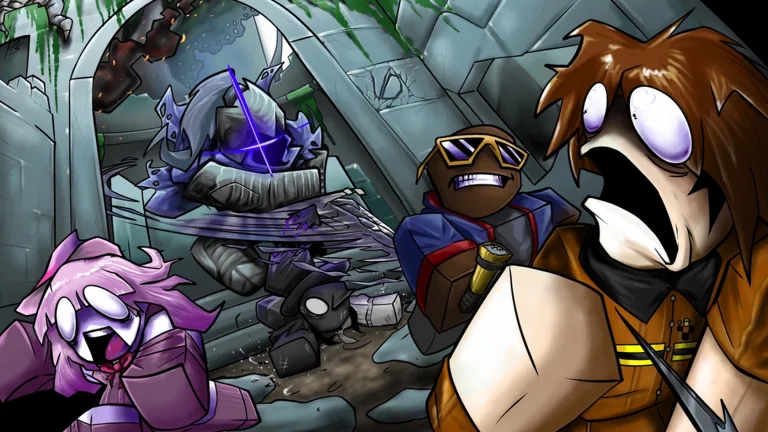 A purple armored killer smashes through a stone room while a pink survivor, a man in sunglasses and a screaming survivor in a fire jacket scramble away