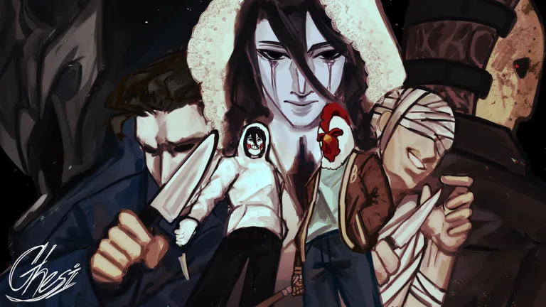 A hockey-masked killer, a masked man with a knife, a chicken-headed figure and a bandaged figure crowd around a pale girl with long black hair