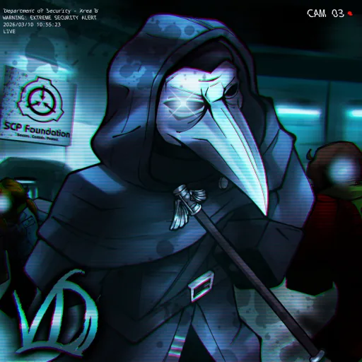 A hooded figure in a beaked mask in front of an SCP Foundation sign, shot like a security camera feed