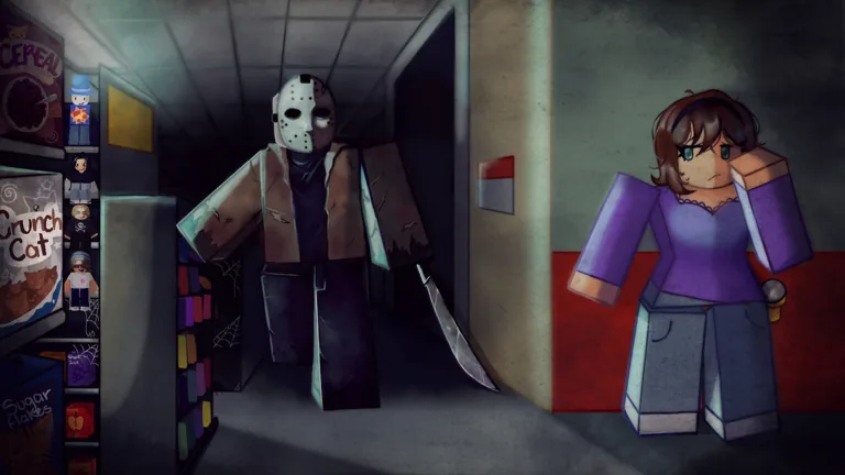 A hockey-masked killer with a machete walks down a store aisle toward a survivor in a purple shirt