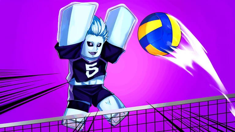 White-haired player in a black number 5 jersey with both arms up to block at the net on a purple background