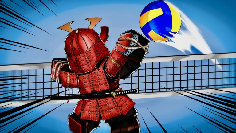 Player in red samurai armor with a katana at the hip jumping to hit the ball above the net