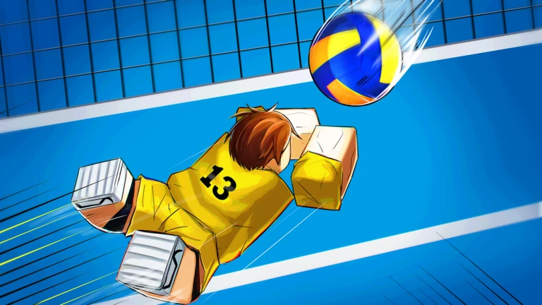 Volleyball Legends player in a yellow number 13 jersey diving flat out toward the ball on a blue court