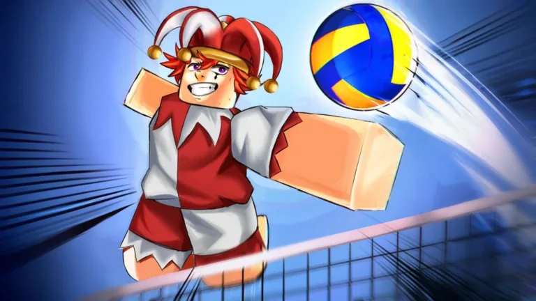 A Roblox player in a red and white jester hat and outfit grins while spiking a blue and yellow volleyball over a net