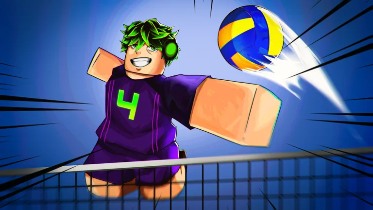 A smiling Roblox player with green hair, headphones and a purple number 4 jersey spikes a blue and yellow volleyball